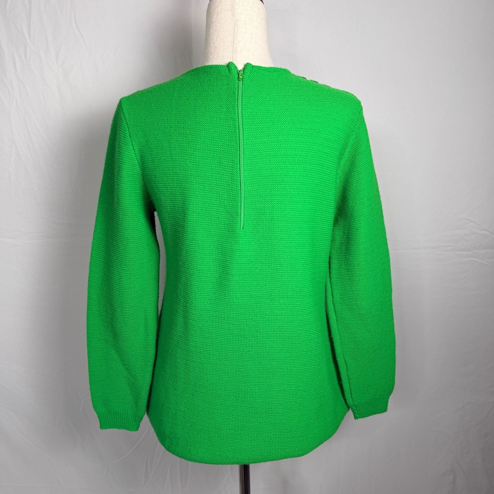 Vintage 70s Retro Green Striped V-Neck Knit Sweater Varsity Preppy Zip Back Top - Picture 2 of 8